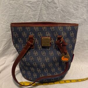 Dooney & Bourke Navy Monogram Tote with Brown Leather Trim